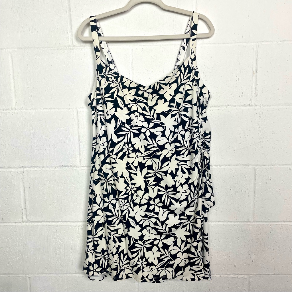 Lands' End Swim Suit Dress White & Black Floral Tropical Beach Vacation 18d